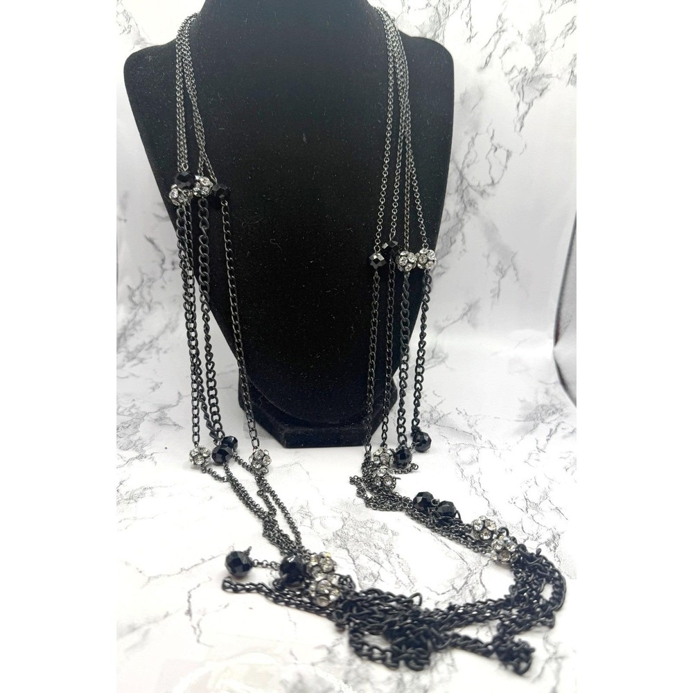 Multi Layer Black Chain Necklace Gunmetal 4 Strand Crystal Beaded Statement 44"